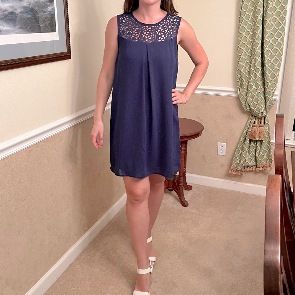 YA Los Angeles Navy Chiffon Shift Dress | Laser Cut Neckline | Small